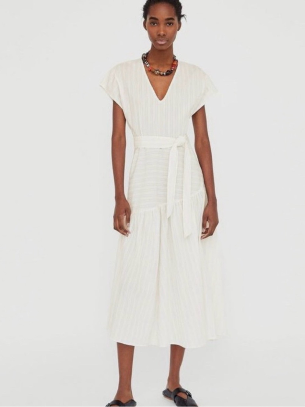 Zara Toscana Cream V-Neck Tie-Waist Midi Dress Size Large